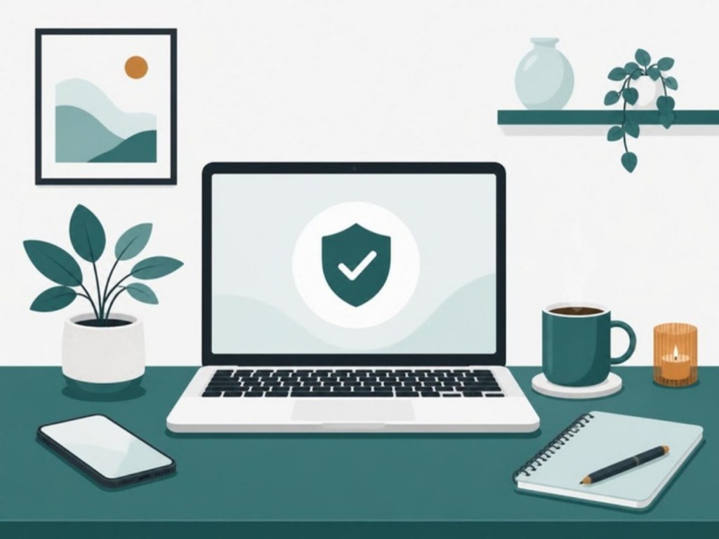 Illustration of a home desk with a laptop showing a security shield and check mark