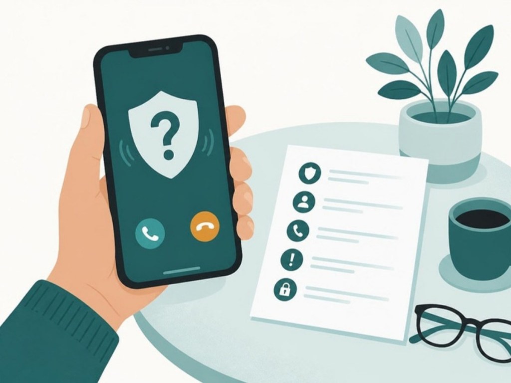 Illustration of a hand holding a phone with an incoming call and a shield with a question mark, next to a printed checklist