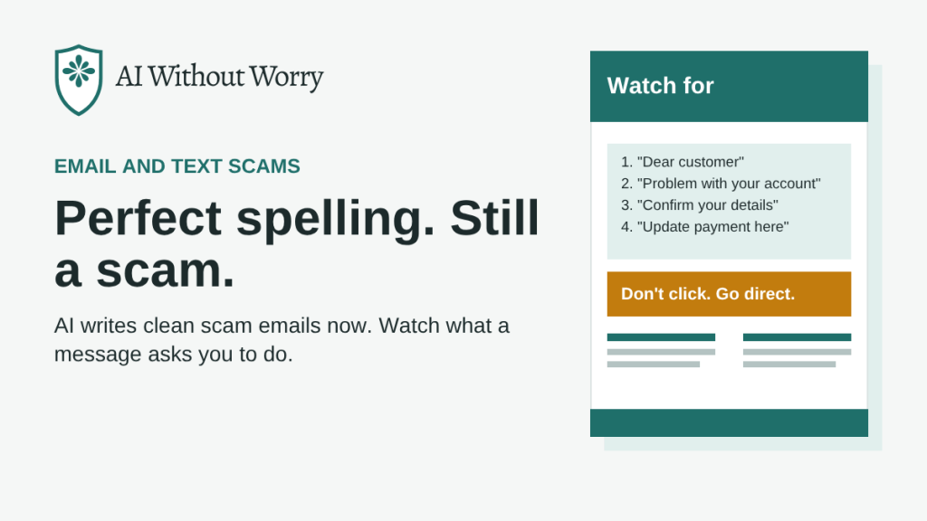 Email and text scams: Perfect spelling. Still a scam. Watch for "Dear customer," "Problem with your account," "Confirm your details," and "Update payment here." Don't click. Go direct.